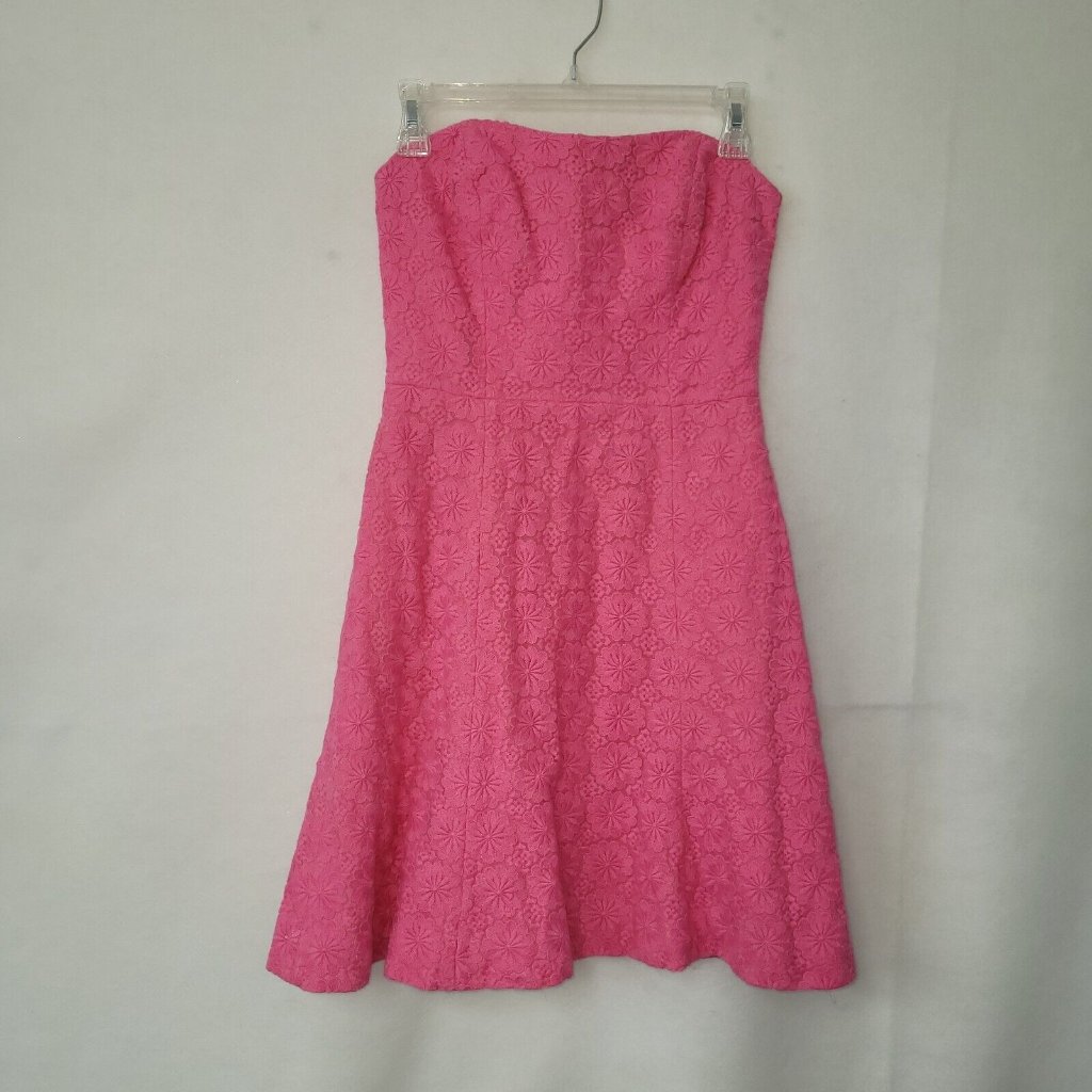 Lilly Pulitzer Vicki Dress Women 2 Pink Strapless Mini Vintage Daisy Embroidered